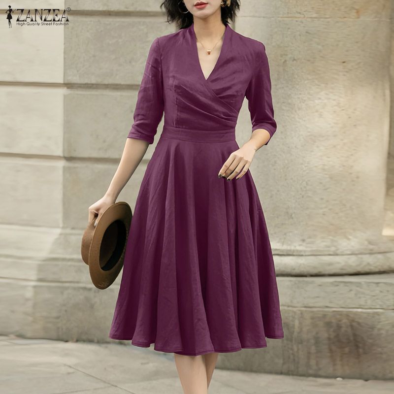 Summer Clothing For Petite Women - ZANZEA 2026 봄 단색 미디 드레스