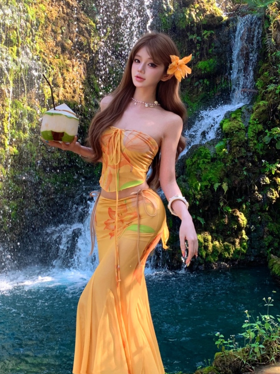 Soft Summer Yellow Clothing - 아이랜드 바캉스 옐로우 타이다이 튜브탑 &