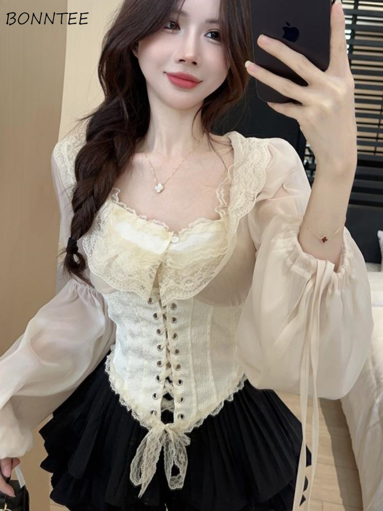 Crop Blouse Linen - 솔리드 블라우스 여성 레이스업 크롭탑 봄