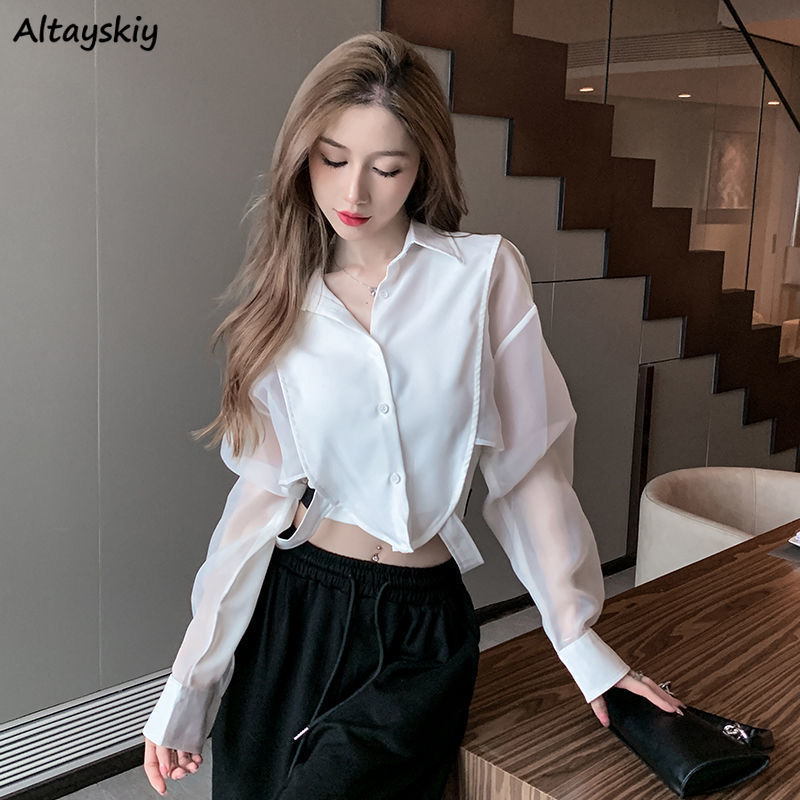 Crop Blouse Linen - 여성용 레트로 시크 패치워크 디자인 셔츠,