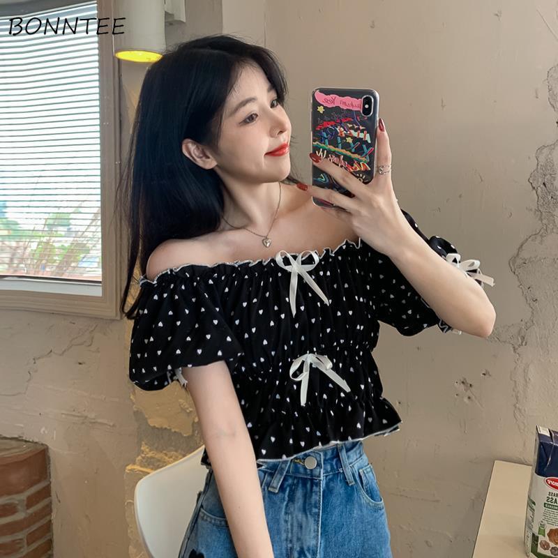 Crop Blouse Linen - 여성용 프렌치 퍼프 슬리브 블라우스, 귀여운