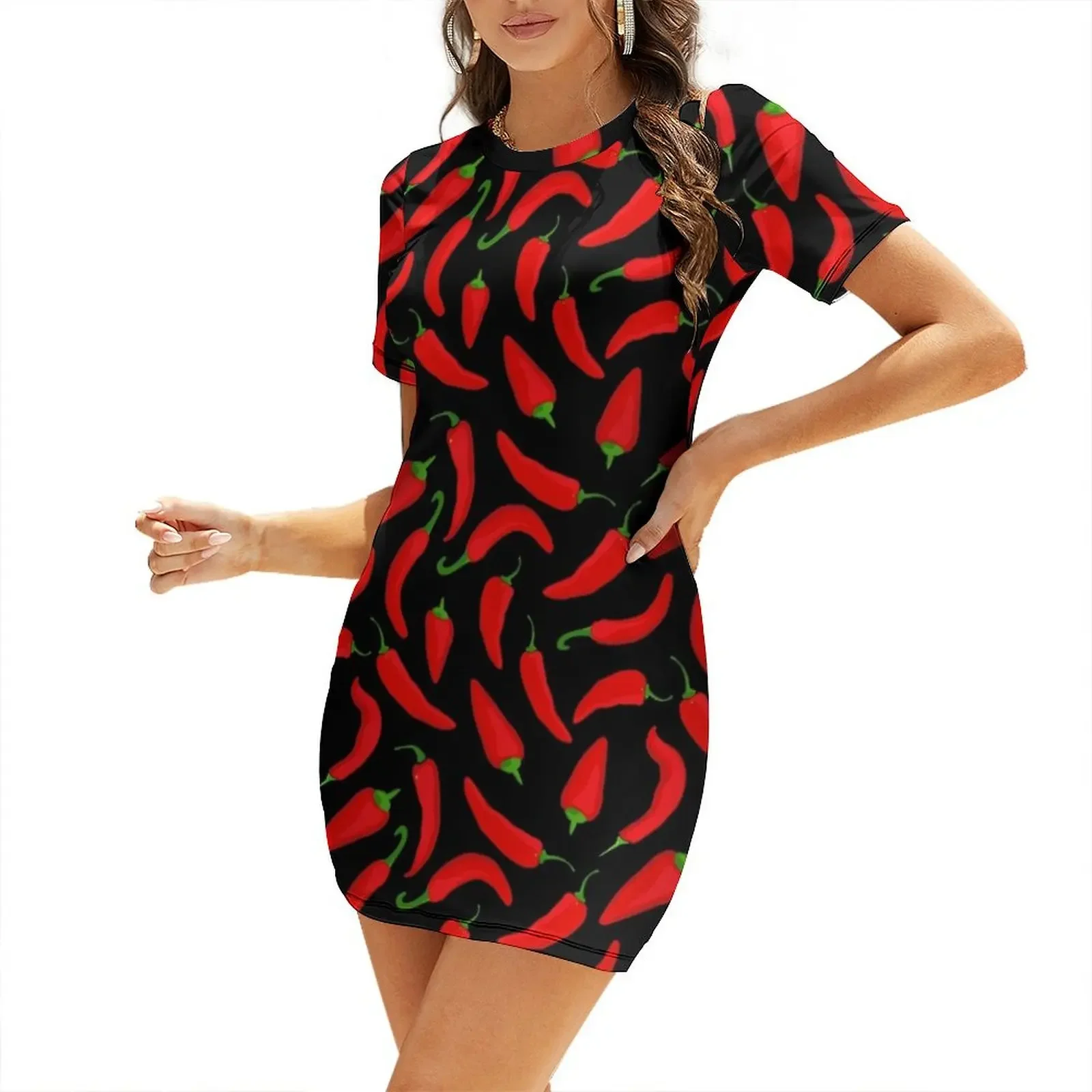 Summer Clothing Online - 검정색 반소매 드레스에 붉은 고추 무늬가
