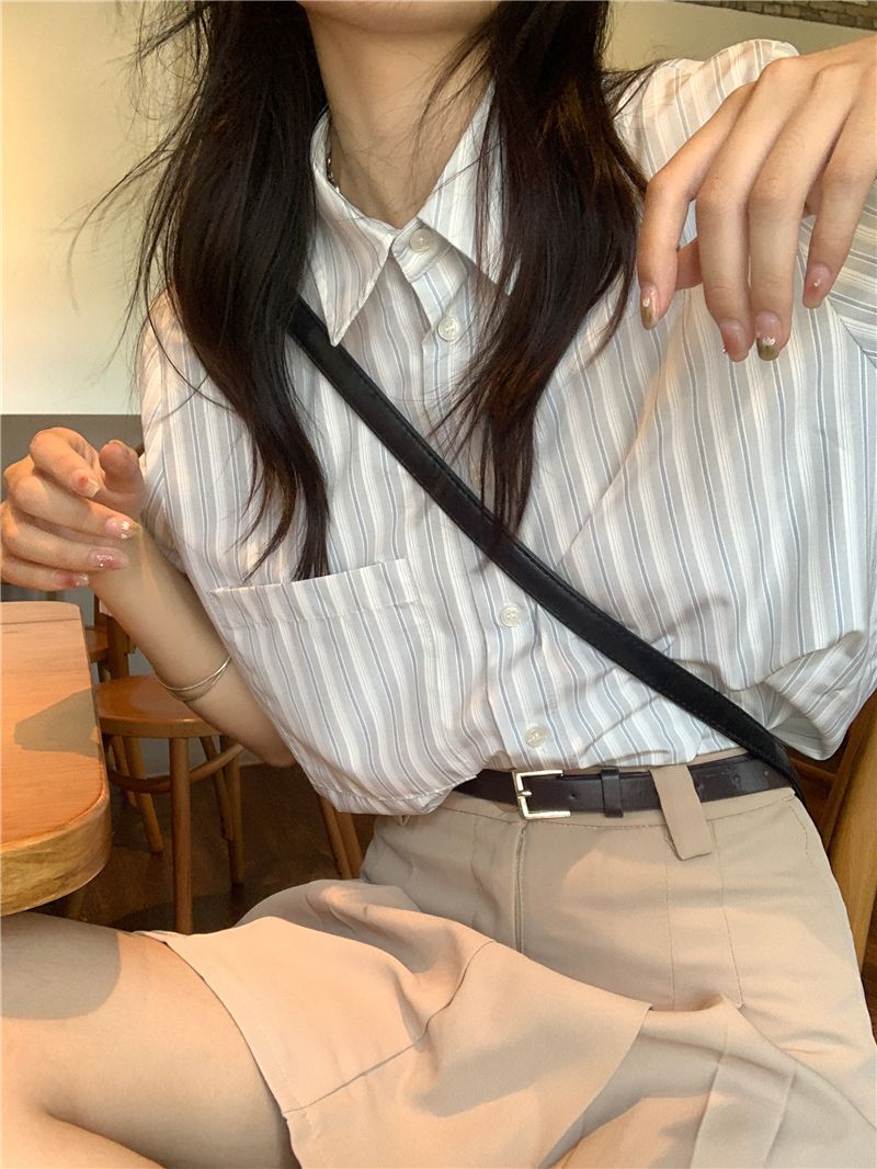 Crop Blouse Linen - 셔츠 여성 대나무 린넨 블렌드 만다린