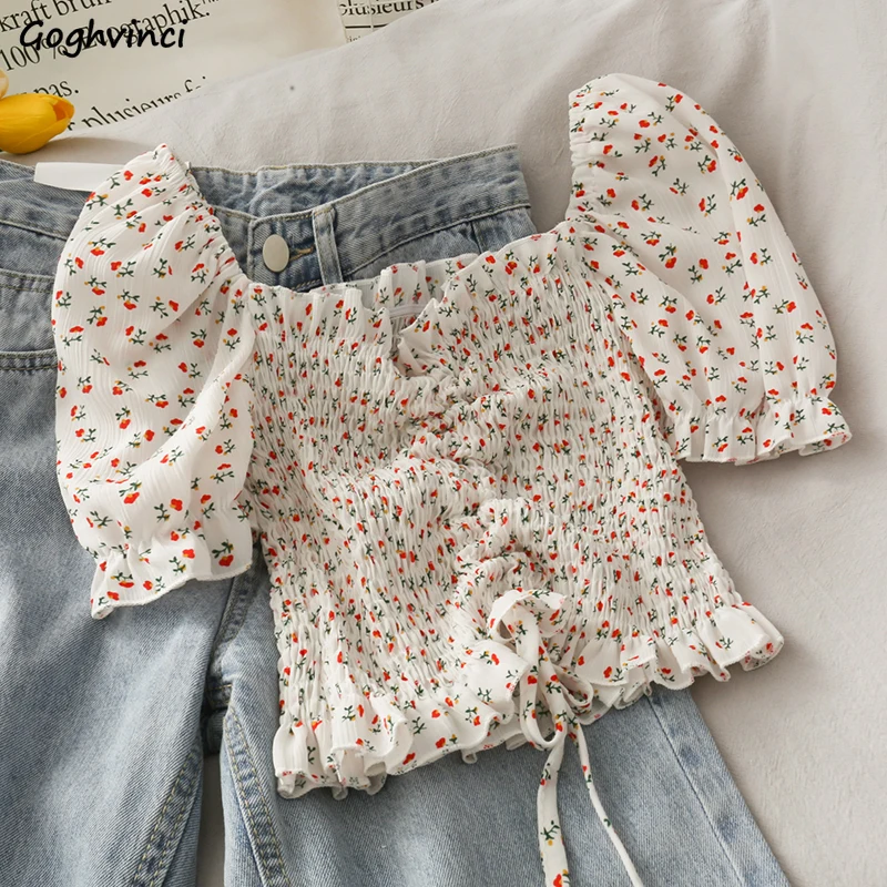 Crop Blouse Linen - 여성용 플로럴 드로스트링 러플 블라우스 셔츠,