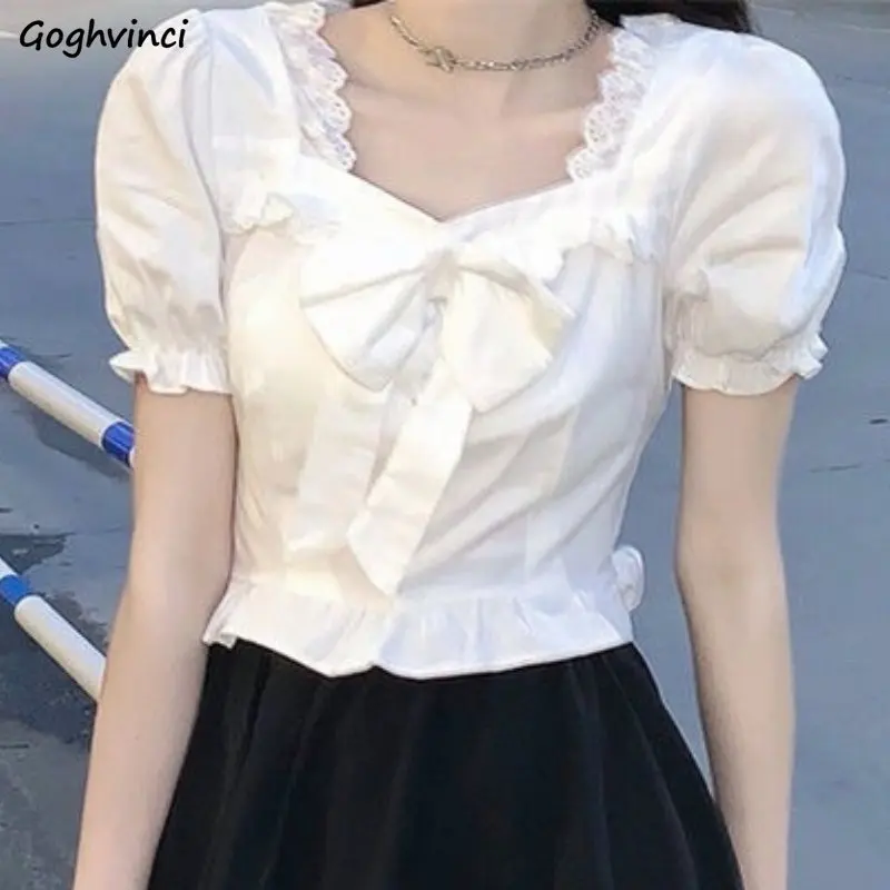 Crop Blouse Linen - 여성용 화이트 블라우스, 활 디자인, 핫스위트