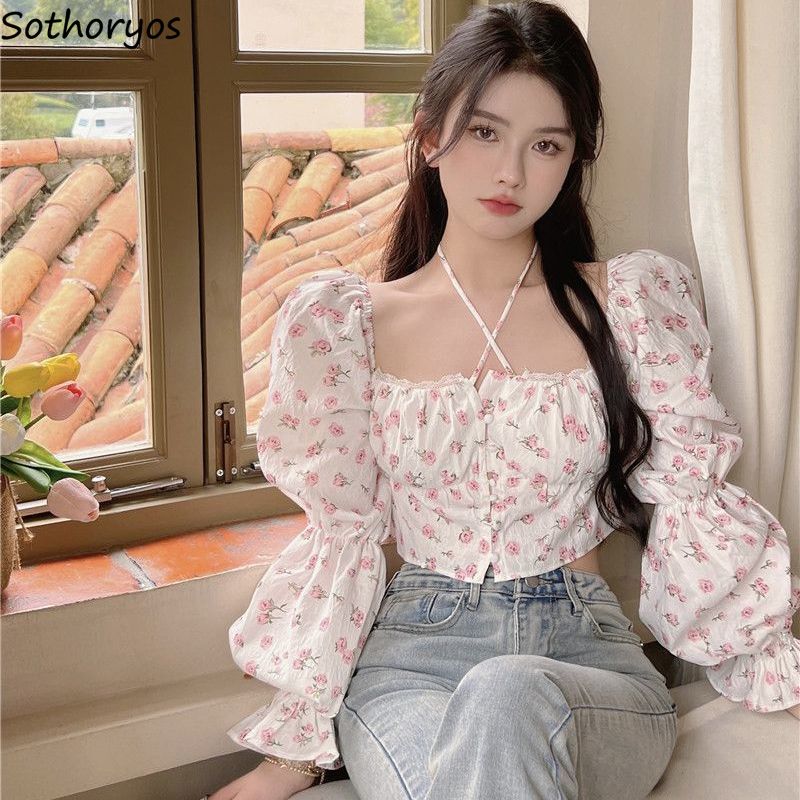 Crop Blouse Linen - 여성용 플로럴 블라우스, 퍼프 소매, 시크하고