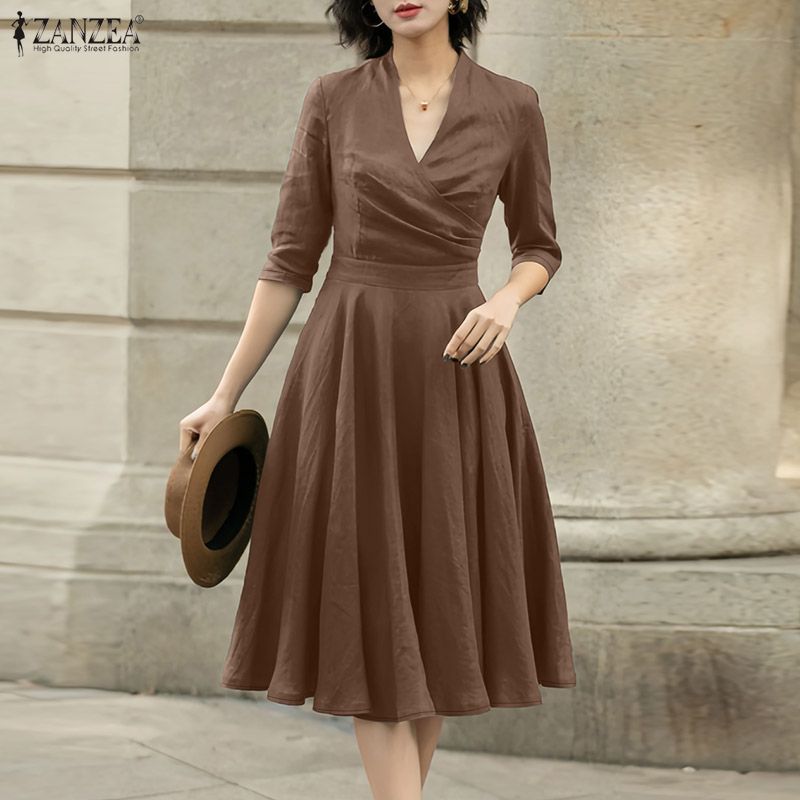 ZANZEA 2026 봄 단색 미디 드레스 오피스 여성 - Summer Clothing For Petite Women 리뷰 및 가격