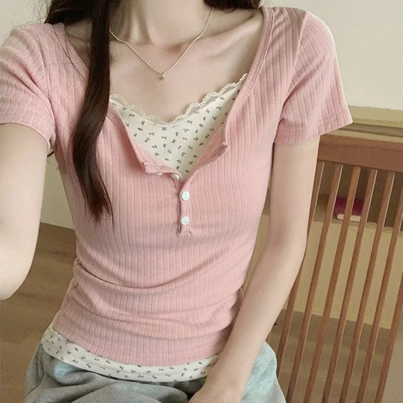 새로운 여성용 레이스 스플라이스 골지 티셔츠 슬림핏 반 - Crop Blouse Linen 리뷰 및 가격