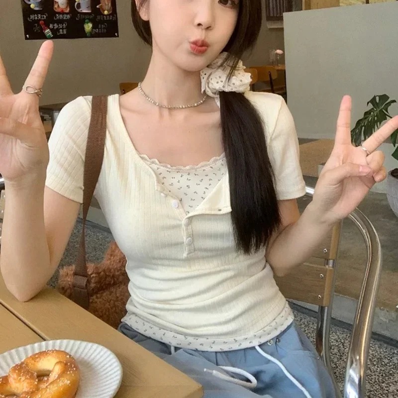 새로운 여성용 레이스 스플라이스 골지 티셔츠 슬림핏 반 - Crop Blouse Linen 리뷰 및 가격