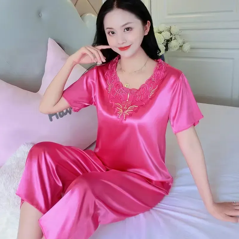여름 여성 짧은 소매 V 넥 잠옷 세트 대형 레이스 홈 - Summer House Clothing 리뷰 및 가격