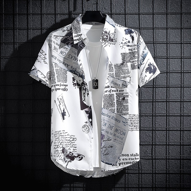 신문 프린트 셔츠, 다용도 캐주얼 루즈 탑의 한국어 버 - Summer Clothing Essentials Men 리뷰 및 가격