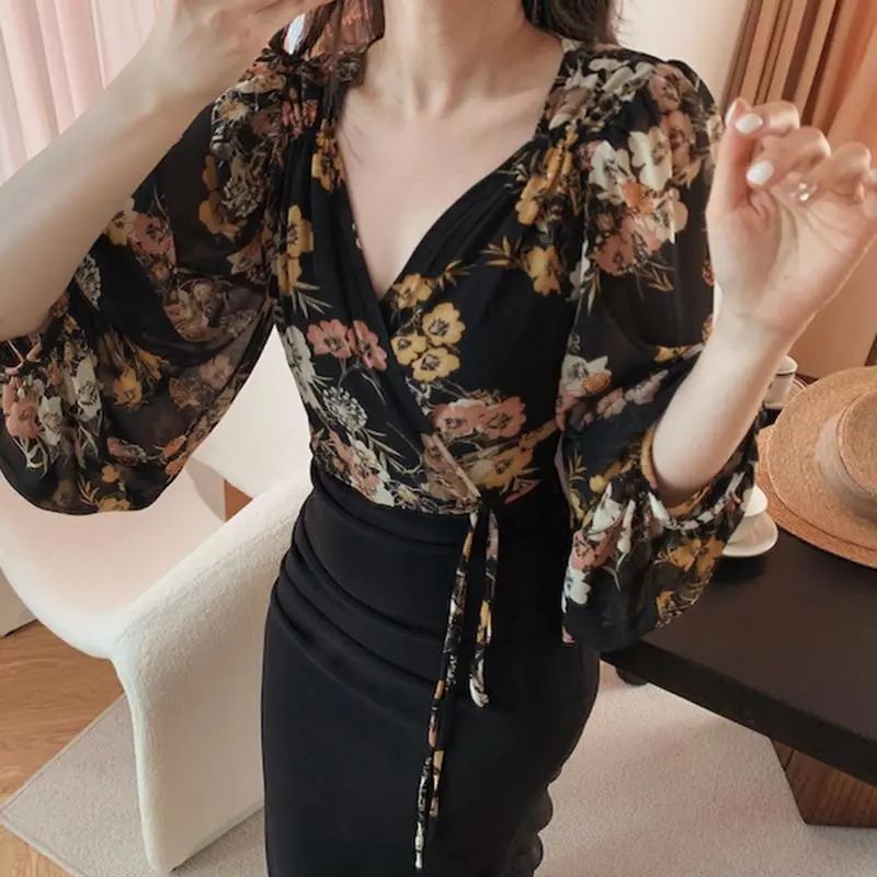 일본 스타일 빈티지 꽃 블라우스 여성 섹시한 v 넥 랜 - Crop Blouse Linen 리뷰 및 가격