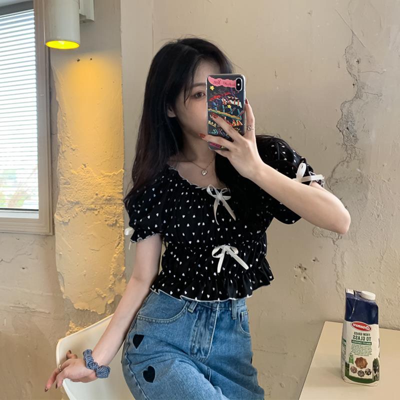 여성용 프렌치 퍼프 슬리브 블라우스, 귀여운 하트 폴카 - Crop Blouse Linen 리뷰 및 가격