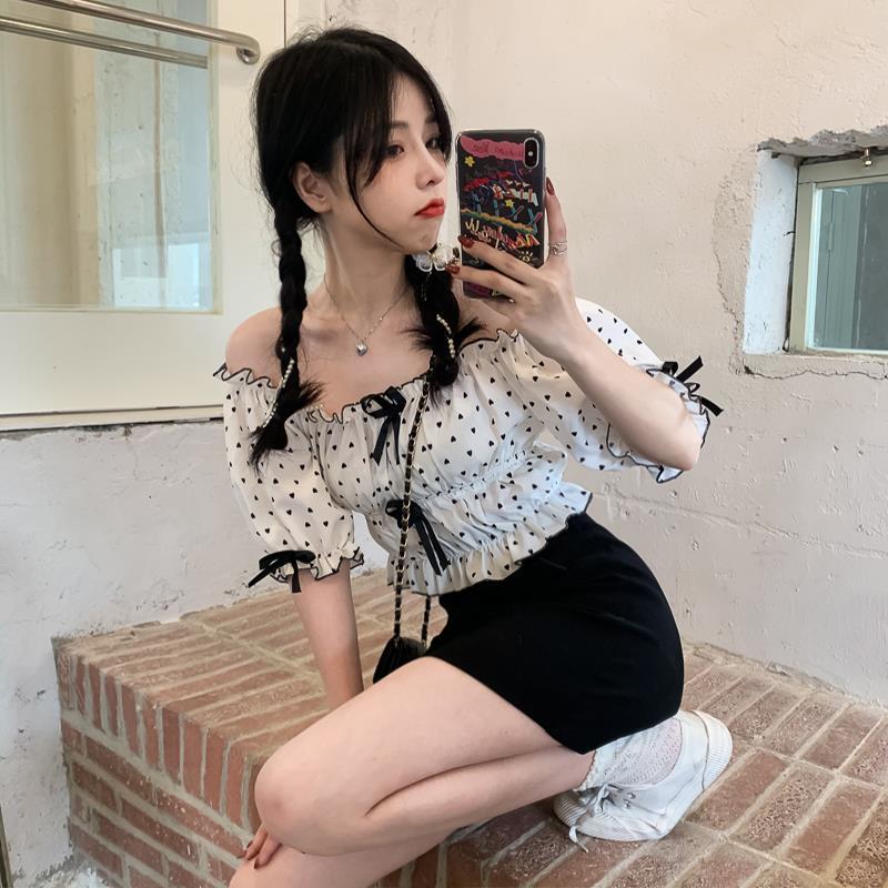 여성용 프렌치 퍼프 슬리브 블라우스, 귀여운 하트 폴카 - Crop Blouse Linen 리뷰 및 가격