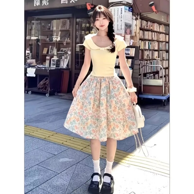 일본 한국 여성용 스위트 슬림 반팔 프린트 플로럴 스커 - Summer Clothing In Japan 리뷰 및 가격