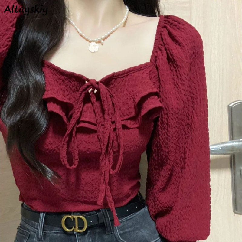 레이스업 캐쥬얼 우아한 레드 블라우스, 올매치 긴팔,  - Crop Blouse Linen 리뷰 및 가격