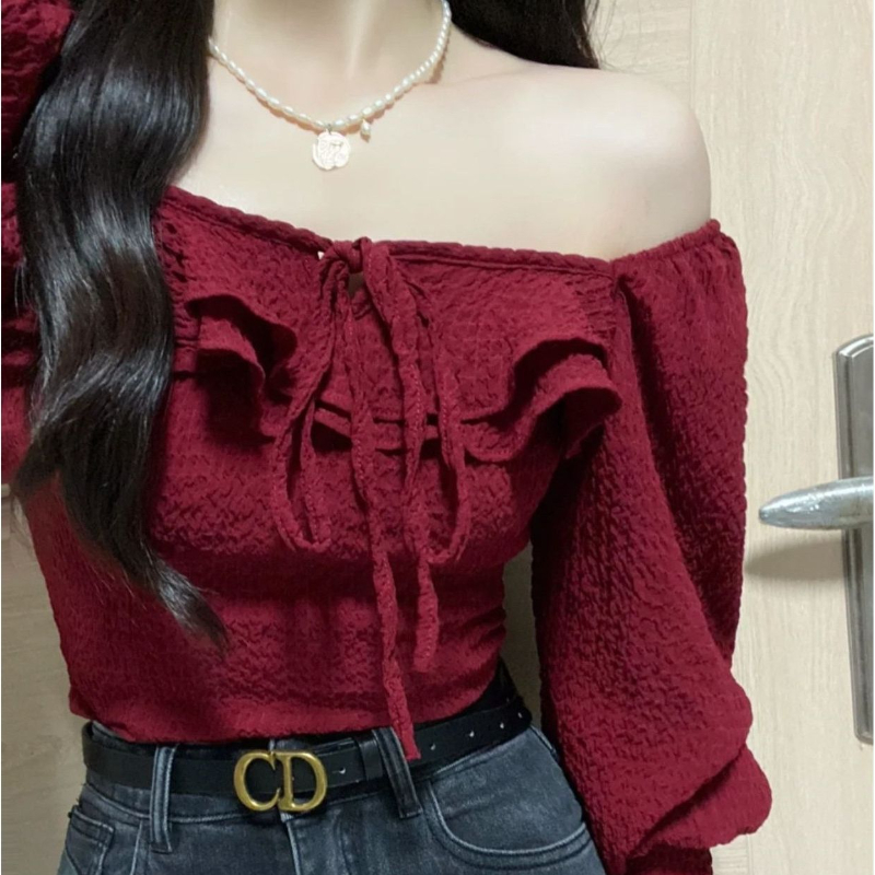 레이스업 캐쥬얼 우아한 레드 블라우스, 올매치 긴팔,  - Crop Blouse Linen 리뷰 및 가격