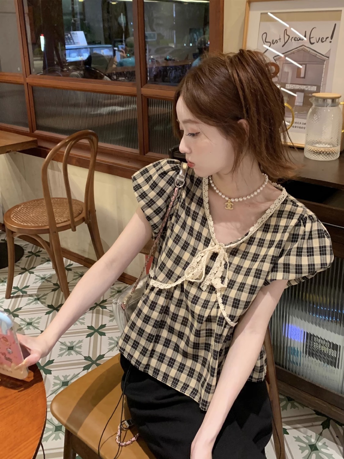 여성용 격자 무늬 빈티지 블라우스, 반팔, 스위트 크롭 - Crop Blouse Linen 리뷰 및 가격