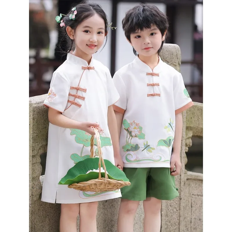 귀여운 연꽃 잠자리 당나라 정장 치파오, 소년 소녀 쌍 - Summer Clothing Online 리뷰 및 가격