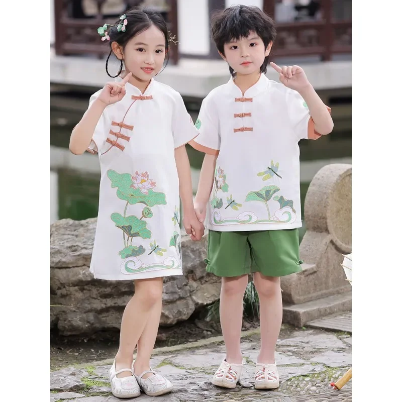 귀여운 연꽃 잠자리 당나라 정장 치파오, 소년 소녀 쌍 - Summer Clothing Online 리뷰 및 가격