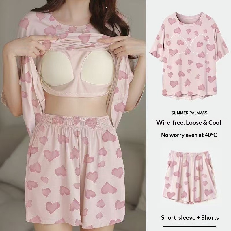 여름 여성용 반팔 잠옷 가슴 쿠션 홈 슈트 세트, 폴카 - Summer House Clothing 리뷰 및 가격