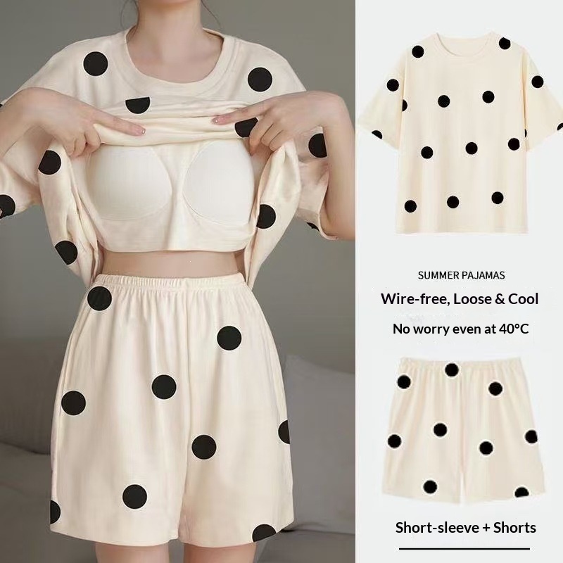 여름 여성용 반팔 잠옷 가슴 쿠션 홈 슈트 세트, 폴카 - Summer House Clothing 리뷰 및 가격