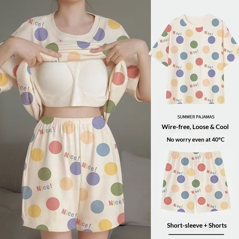 여름 여성용 반팔 잠옷 가슴 쿠션 홈 슈트 세트, 폴카 - Summer House Clothing 리뷰 및 가격