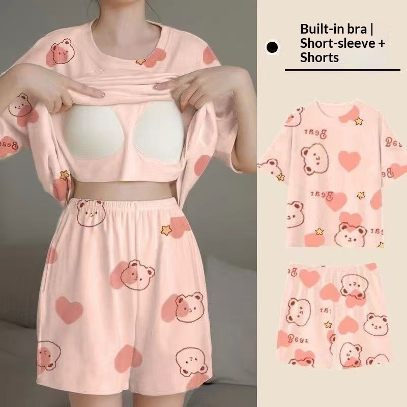 여름 여성용 반팔 잠옷 가슴 쿠션 홈 슈트 세트, 폴카 - Summer House Clothing 리뷰 및 가격