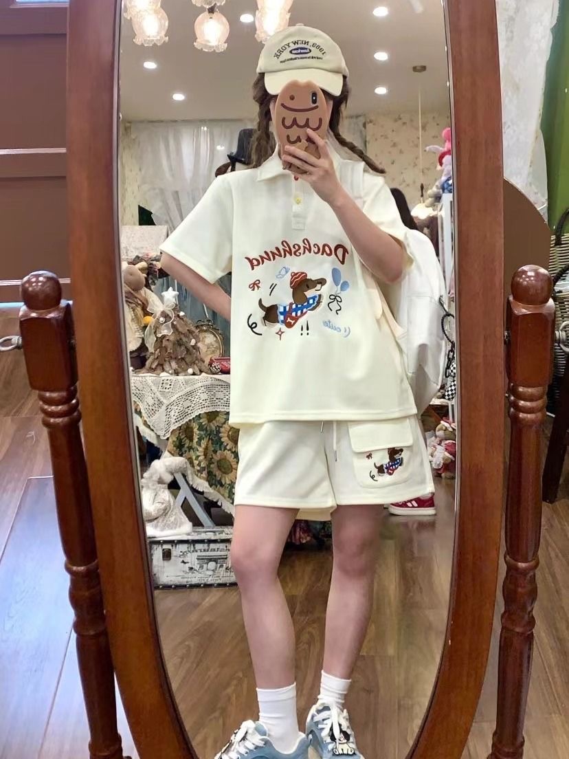 카와이 자수 개 일본 스타일 폴로 셔츠 2 피스 세트  - Summer Clothing In Japan 리뷰 및 가격