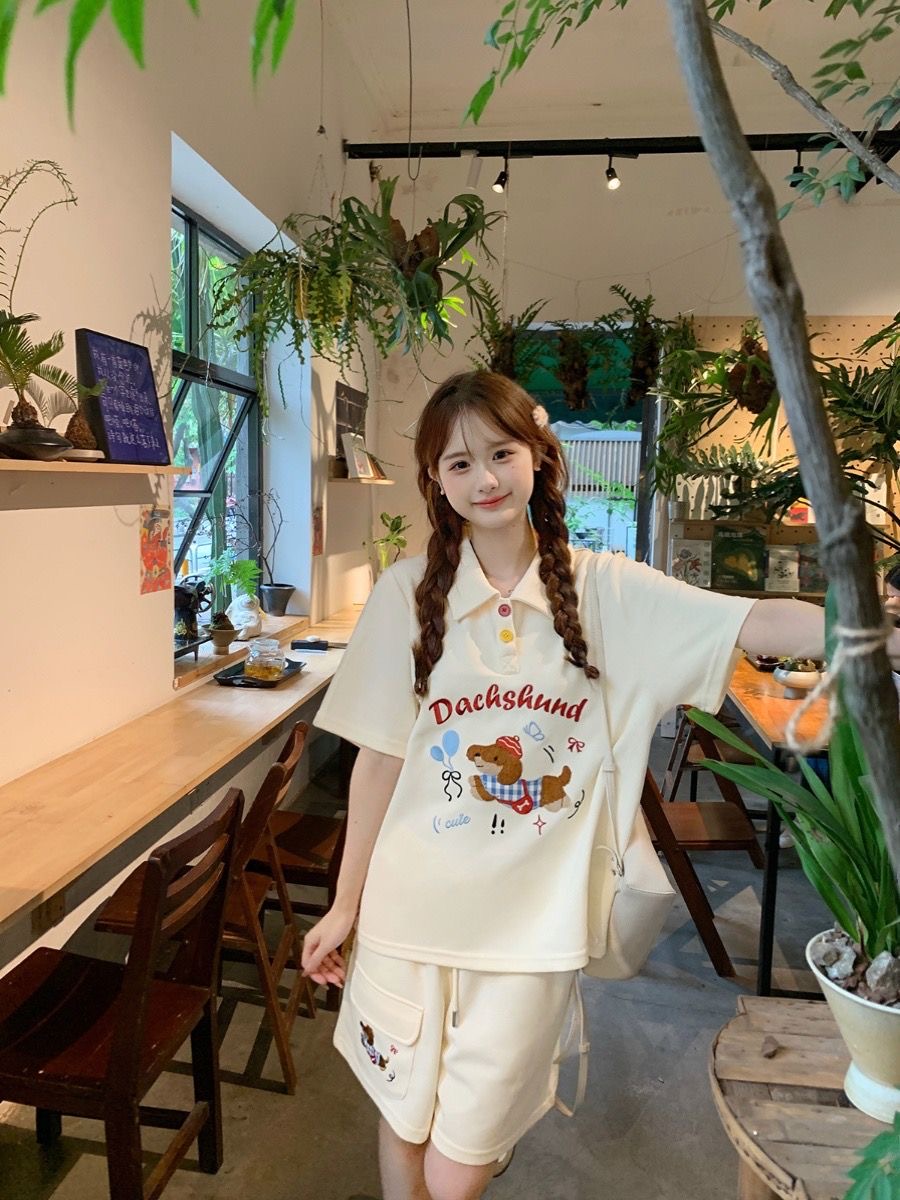 카와이 자수 개 일본 스타일 폴로 셔츠 2 피스 세트  - Summer Clothing In Japan 리뷰 및 가격
