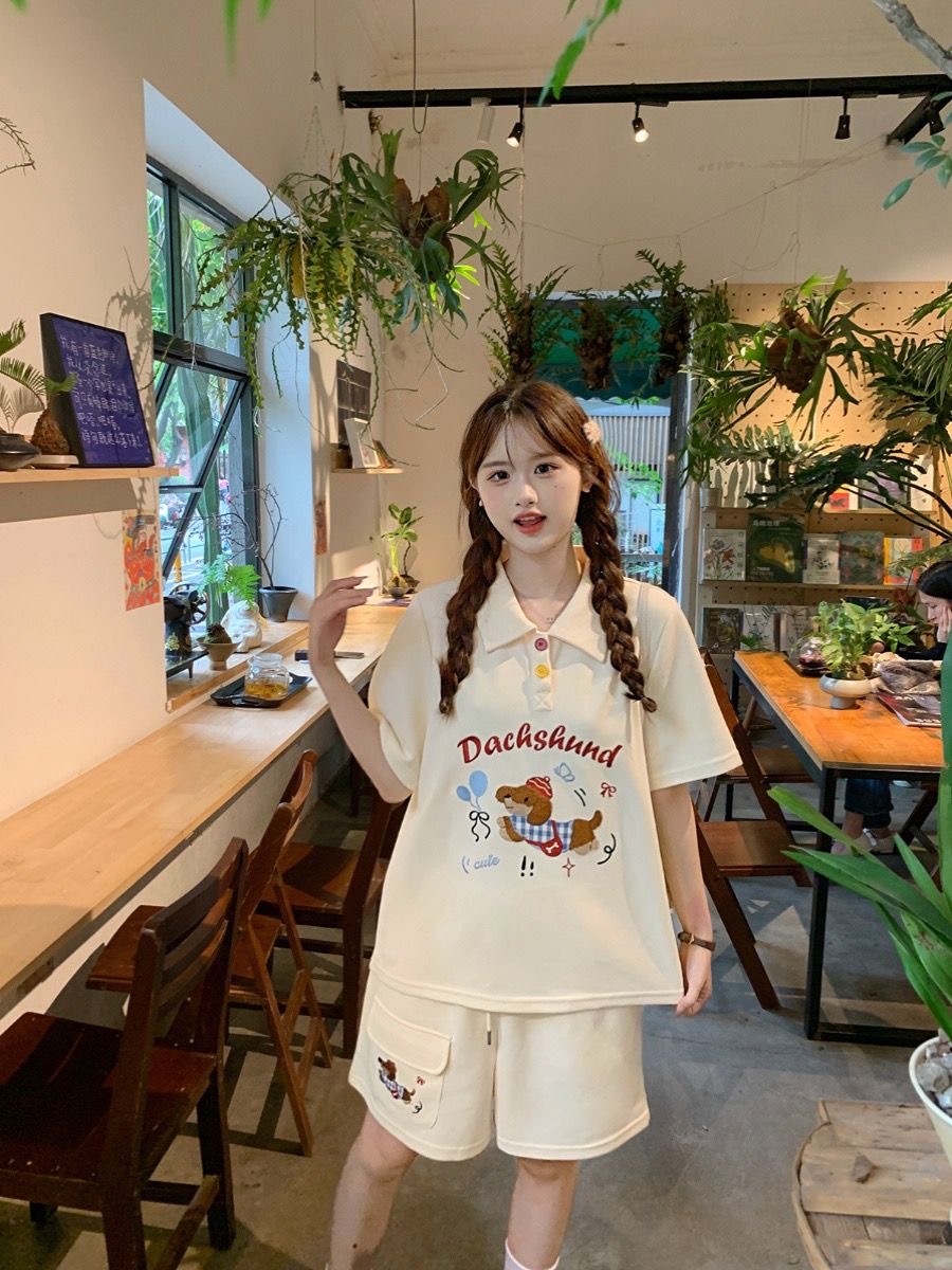 카와이 자수 개 일본 스타일 폴로 셔츠 2 피스 세트  - Summer Clothing In Japan 리뷰 및 가격